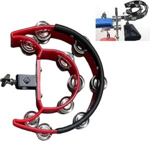 Hi Hat Tambourine Half Moon Drum Set Mount With Double Row Bells and Mounting Eye Bolt for Drum Kit Percussion Accessories - Red